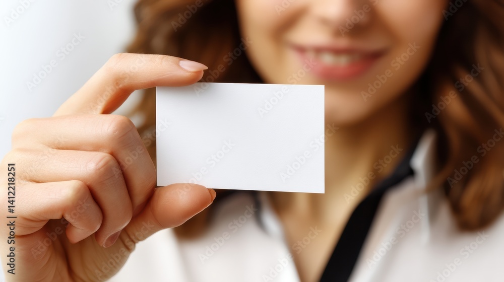 A smiling woman holds a blank card, showcasing a clean, minimalistic design, perfect for business or personal branding. A smiling woman holds a blank card, showcasing a clean, minimalistic design, perfect for business or personal branding.