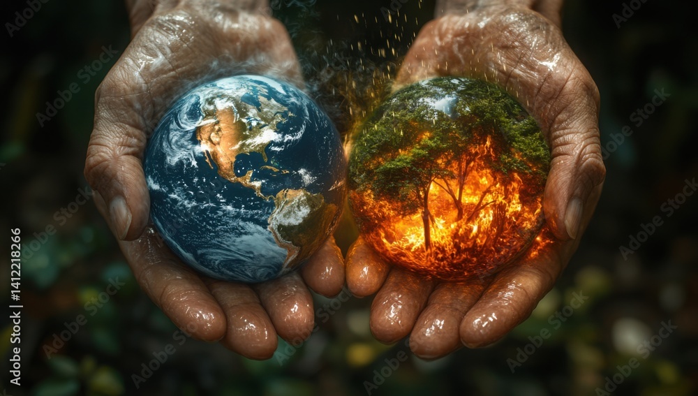 A split screen showing the Earth in both dry and lush landscapes, with one side depicting it covered by fire while on the other half there is greenery and trees, held within an outstretched hand