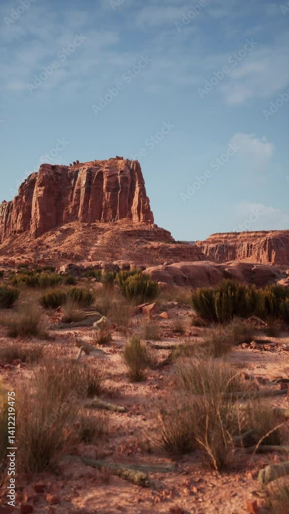A dry desert terrain with a towering mountain in the background under a clear sky. A dry desert terrain with a towering mountain in the background under a clear sky.