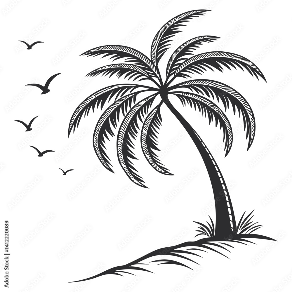 Fototapeta premium Stylized Palm Tree with Birds for Relaxation Concepts