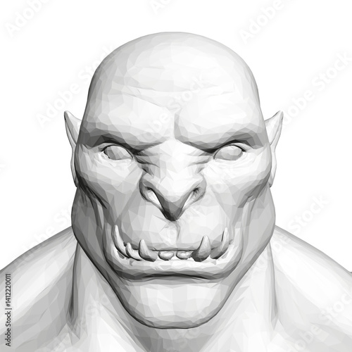A white Orc face with a mouth full of teeth and a menacing look. The face is drawn in a 3D style, giving it a more realistic appearance. Scene is dark and foreboding
