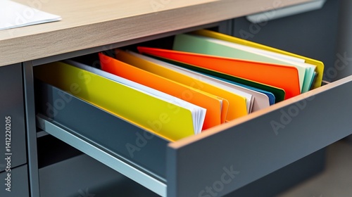 Close-up of organized colorful file folders in an office drawer, showcasing business efficiency and document management system