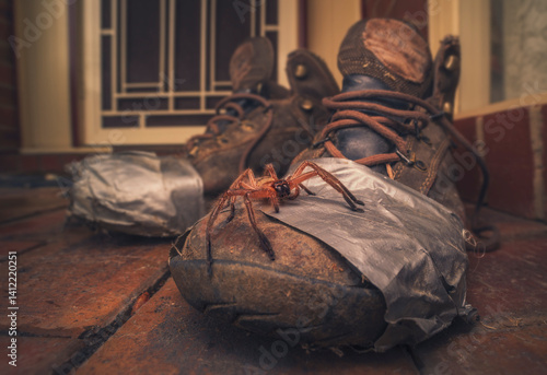 Close-up of a Huntsman spider on an old worn out pair of walking boots held together with masking tape outside a front door
