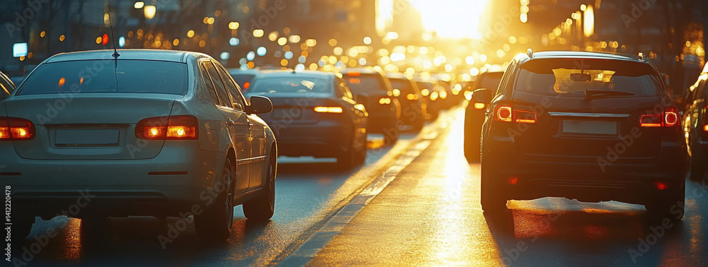 A traffic jam on the highway with cars in line, the sun shining behind them.