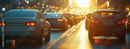 A traffic jam on the highway with cars in line, the sun shining behind them. 