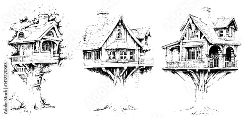 3 Pieces of Craftsman style Treehouses designs, Craftsman style Treehouses vector graphic