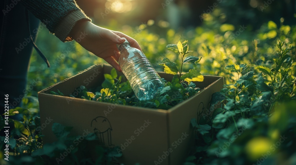 A woman's hand places a plastic bottle in a cardboard box for recycling, with a green forest and grass background, representing the concept of World Environment Day.