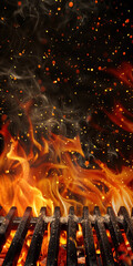 Empty hot barbecue grill with bright flames and smoke on black background