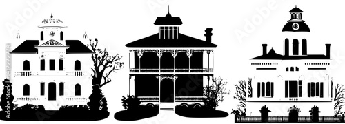 3 Pieces of Victorian style Courthouses designs, Victorian style Courthouses vector graphic