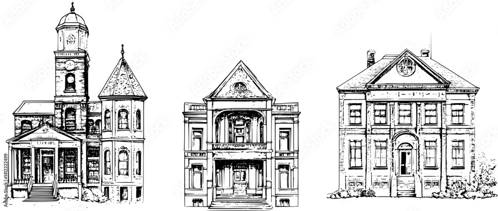 Obraz premium 3 Pieces of Victorian style Schools designs, Victorian style Schools vector graphic