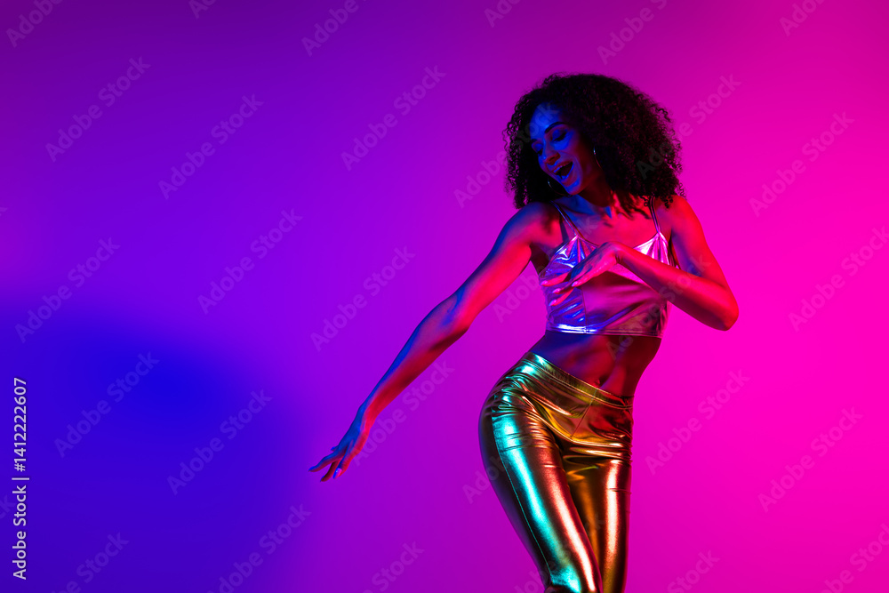 Stylish young woman dancing under vibrant neon lights in a retro-inspired environment showcasing captivating colors Stylish young woman dancing under vibrant neon lights in a retro-inspired environment showcasing captivating colors