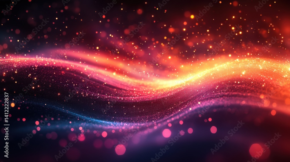 Abstract dark blue and gold glitter background with bokeh lights, golden dust particles, defocused glowing effect on a black night sky. Christmas and New Year concept. Shiny light effects,