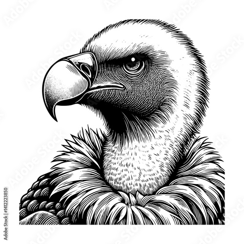 Vulture portrait sketch engraving black and white outline. Scratch board imitation.  illustrated in vintage line art style on a white background.
