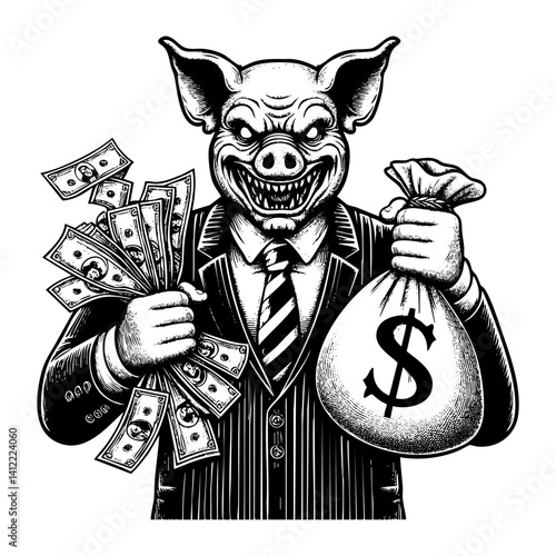 Scary pig holding sack of money engraving sketch engraving black and white outline. Scratch board imitation.  illustrated in vintage line art style on a white background.