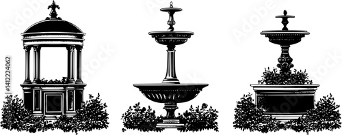 3 Pieces of Mediterranean style Garden follies designs, Mediterranean style Garden follies vector image