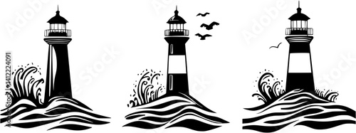 3 Pieces of Mediterranean style Lighthouses designs, Mediterranean style Lighthouses vector image