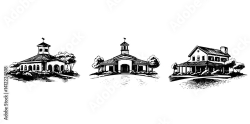 3 Pieces of Ranch style Community centers designs, Ranch style Community centers vector image