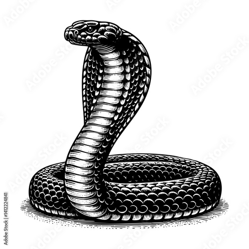Cobra snake engraving black and white outline. Scratch board imitation.
