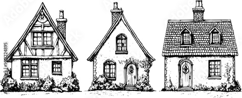 3 Pieces of Tudor style Farmhouses designs, Tudor style Farmhouses vector image