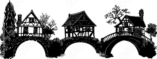 3 Pieces of Tudor style Bridge houses designs, Tudor style Bridge houses vector image