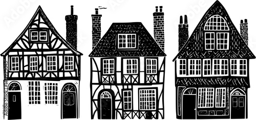 3 Pieces of Tudor style Townhouses designs, Tudor style Townhouses vector image