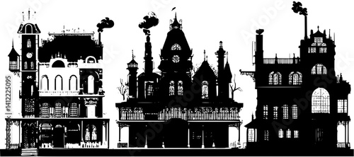 3 Pieces of Victorian style Factories designs, Victorian style Factories vector image