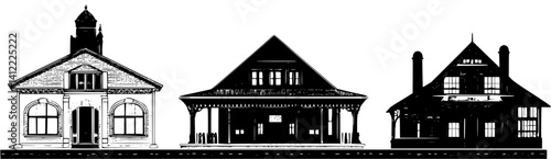 3 Pieces of Victorian style Train stations designs, Victorian style Train stations vector image