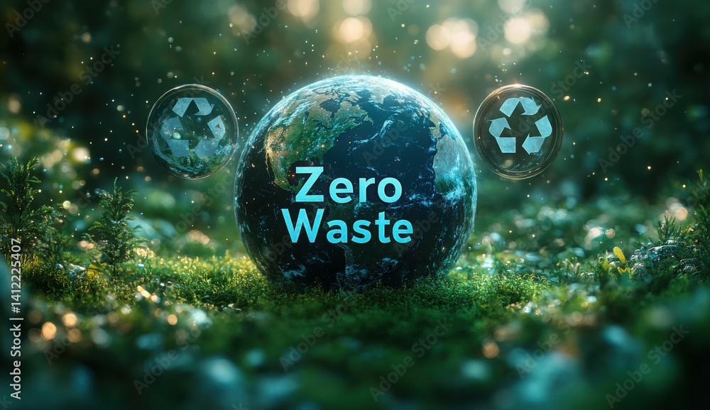 An eco-friendly background with the Earth and green grass,. A third transparent circle contains the text