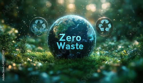 Obraz na płótnie An eco-friendly background with the Earth and green grass,. A third transparent circle contains the text