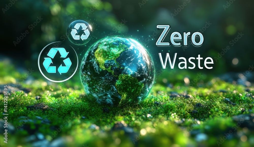An eco-friendly background with the Earth and green grass,. A third transparent circle contains the text