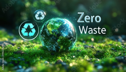 Obraz na płótnie An eco-friendly background with the Earth and green grass,. A third transparent circle contains the text