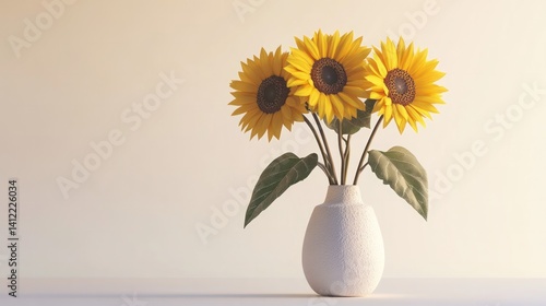 three sunflowers in a vase, isolated on a clean white background 