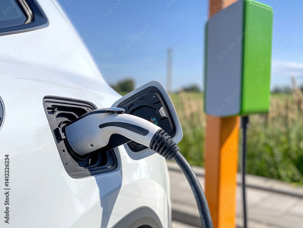 An electric car charging at an outdoor station, with green fields in the background and blue sky overhead.