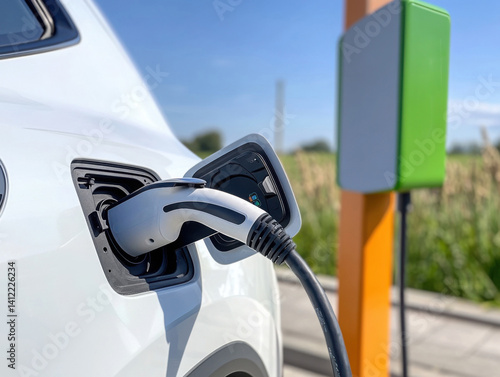 An electric car charging at an outdoor station, with green fields in the background and blue sky overhead. 