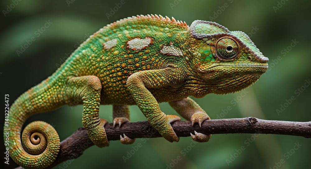 Fototapeta premium Chameleon on Branch with Vibrant Skin Texture and Color Change