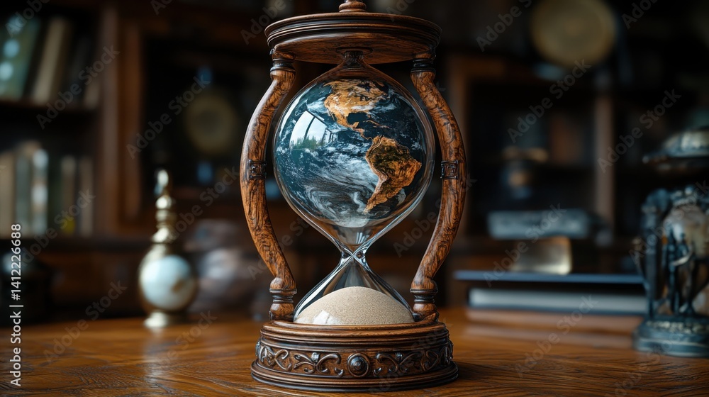 An hourglass with the Earth inside, with sand representing time