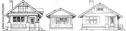 3 Pieces of Craftsman style Bungalows designs, Craftsman style Bungalows vector illustration