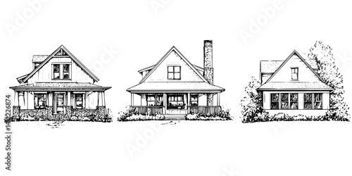 3 Pieces of Craftsman style Farmhouses designs, Craftsman style Farmhouses vector illustration