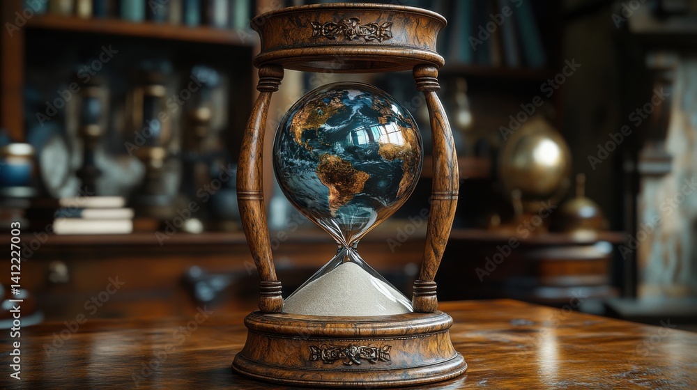An hourglass with the Earth inside, with sand representing time
