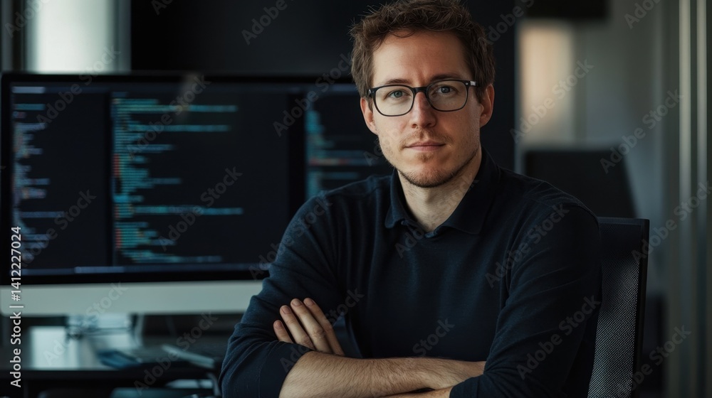 Obraz premium Young Male Programmer in Modern Office Setting Working on Computer with Coding Screen Behind, Focused Expression and Professional Attire