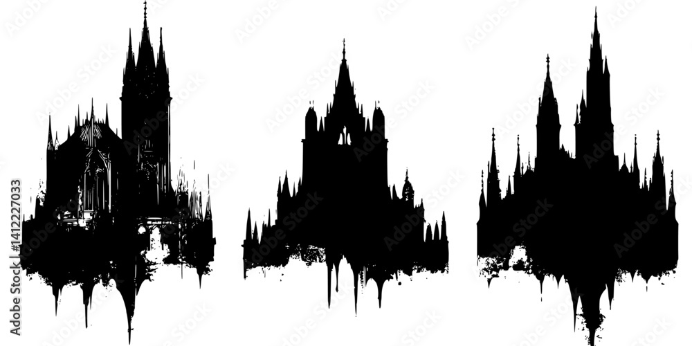 Naklejka premium 3 Pieces of Gothic style Citadels designs, Gothic style Citadels vector illustration