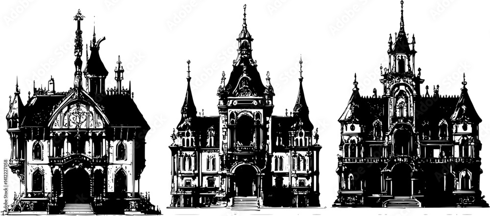 Naklejka premium 3 Pieces of Gothic style Mansions designs, Gothic style Mansions vector illustration