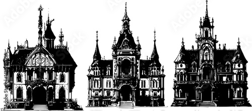 3 Pieces of Gothic style Mansions designs, Gothic style Mansions vector illustration