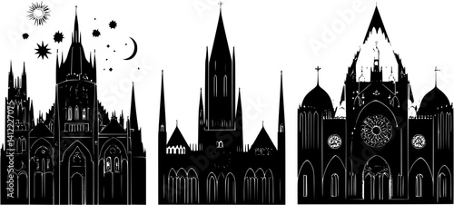 3 Pieces of Gothic style Palaces designs, Gothic style Palaces vector illustration