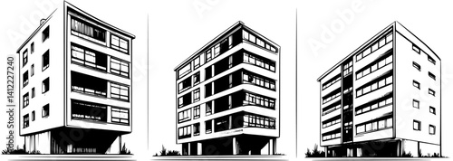 3 Pieces of Mid-Century Modern style Houses designs, Mid-Century Modern style Houses vector illustration