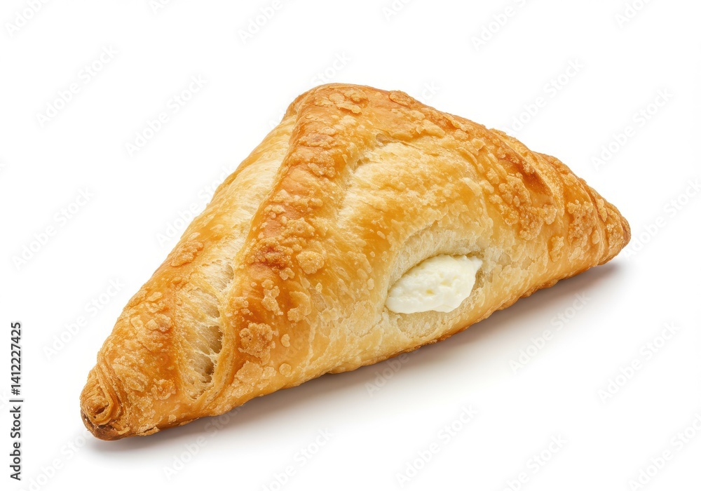 A close up of a triangular pastry with a creamy filling on a white background in a studio shot view A close up of a triangular pastry with a creamy filling on a white background in a studio shot view