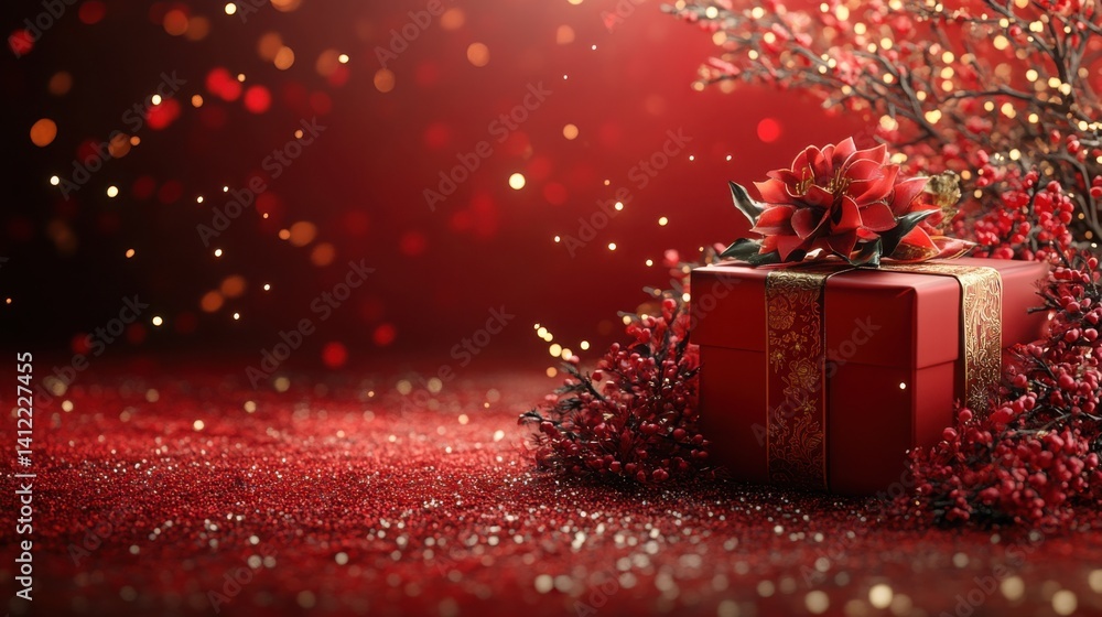 Illustration of a red gift box and light shining on the background.