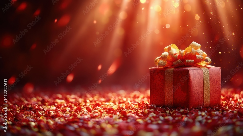 Illustration of a red gift box and light shining on the background.