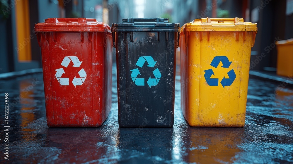Three recycling bins are placed.