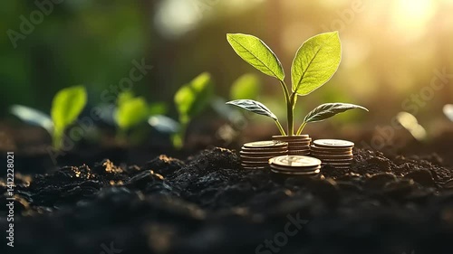 Growing plant emerging from soil with coins in foreground, symbolizing investment in nature
